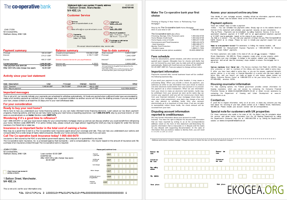 Royaume , Uni The Co , relevé hypothécaire bancaire opérationnel aux formats Word et PDF, 2 pages